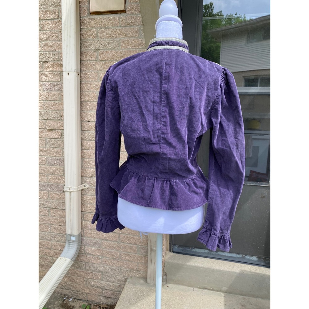 Vintage Corduroy Victorian Peplum Blouse Lace High Neck Ruffle Purple Western - Picture 4 of 4